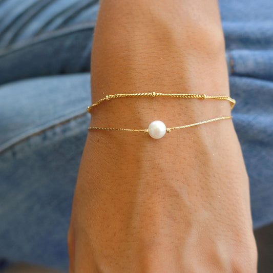 Delicate Gold Pearl Bracelet Duo Chain