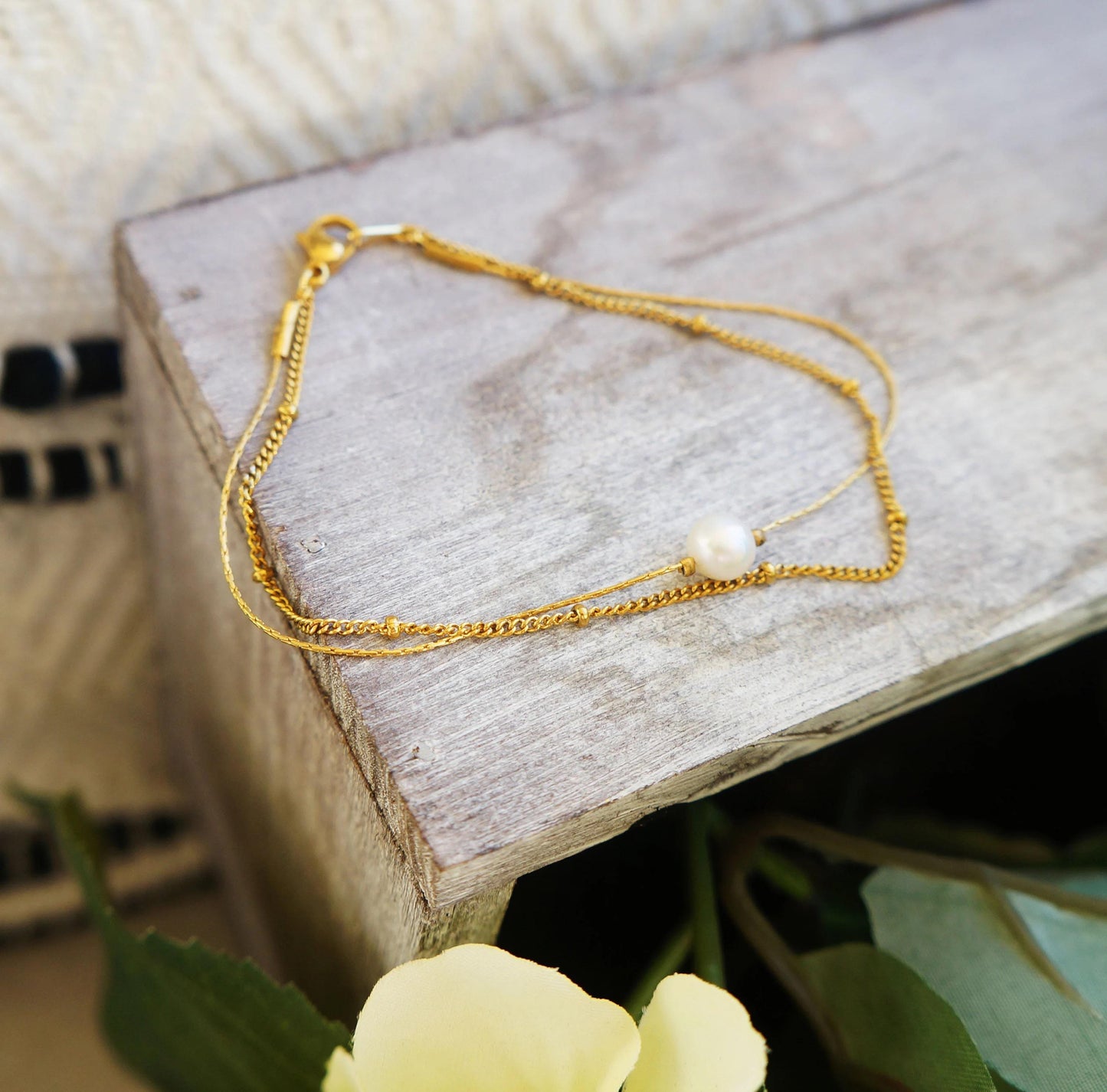 Delicate Gold Pearl Bracelet Duo Chain