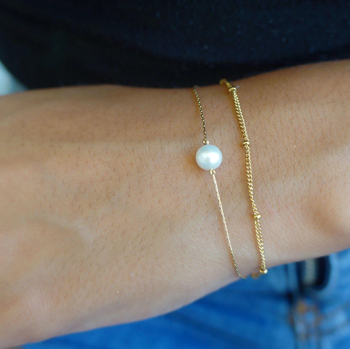 Delicate Gold Pearl Bracelet Duo Chain