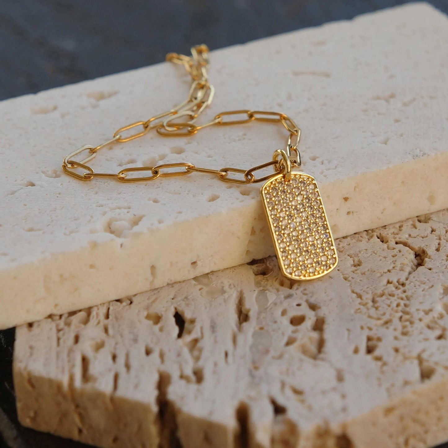 CZ Gold Tag Necklace, Military Dog Tag Pendant