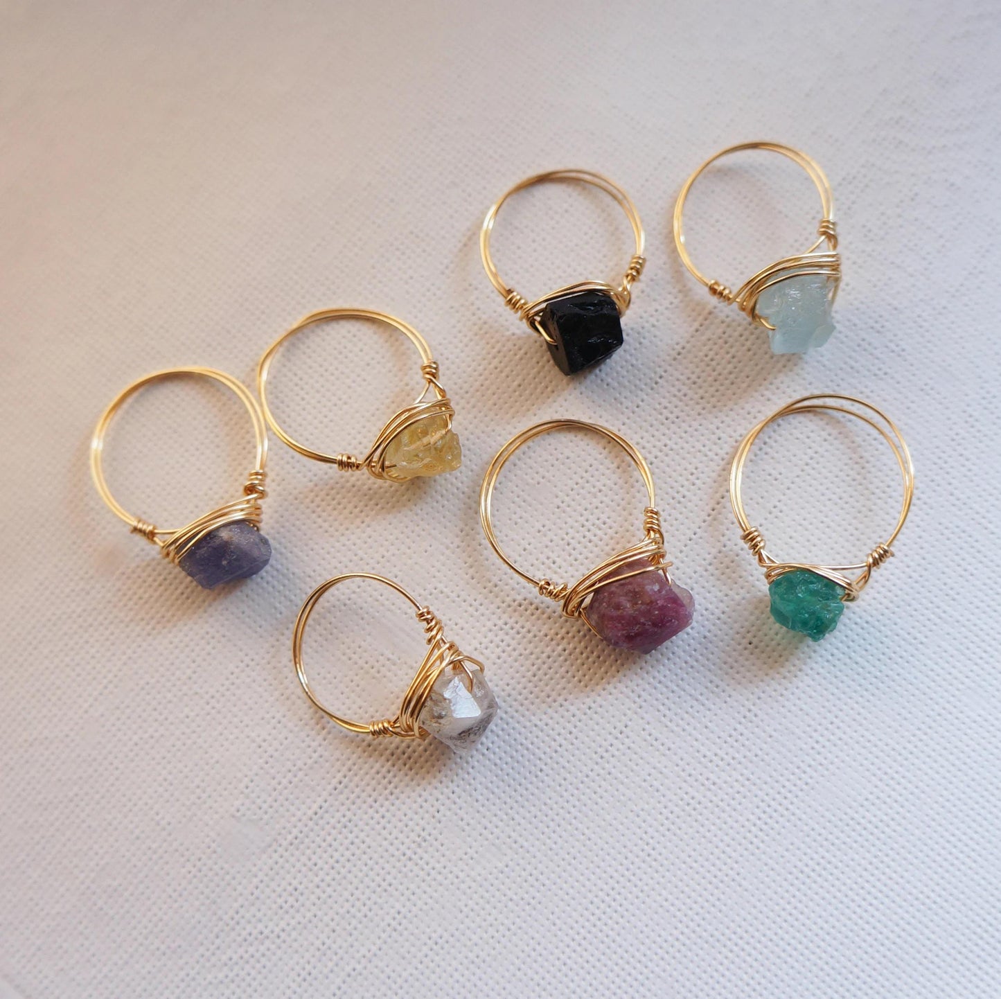 Raw Gemstone 14KT Gold Filled Ring Powerful Spiritual Rings Black Tourmaline Aquamarine Citrine Natural Rough Gemstones Wire Wrapped Rings