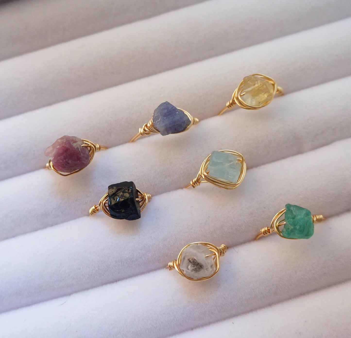 Raw Gemstone 14KT Gold Filled Ring Powerful Spiritual Rings Black Tourmaline Aquamarine Citrine Natural Rough Gemstones Wire Wrapped Rings