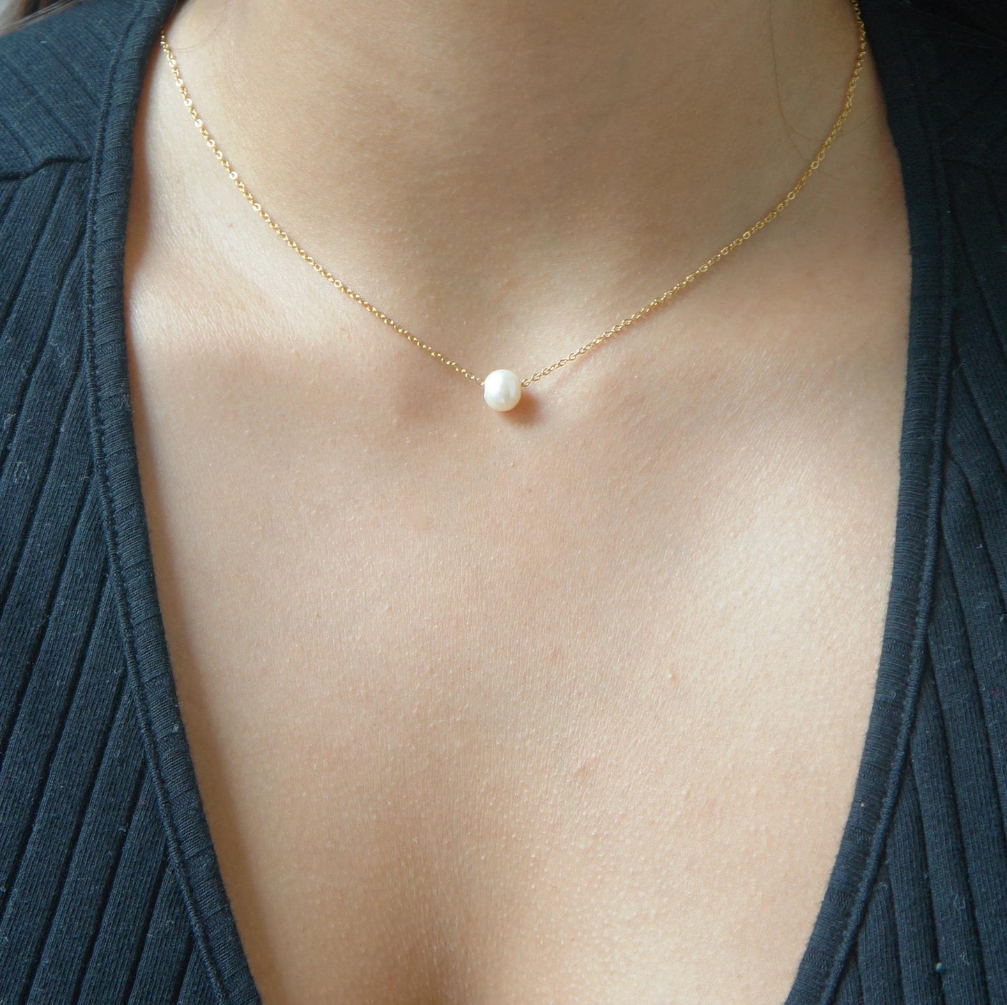 Single Pearl Necklace, Floating Pearl Pendant, Gold Chain Jewelry, Elegant Bridal Necklace, Thank You Gift, Simple Necklace