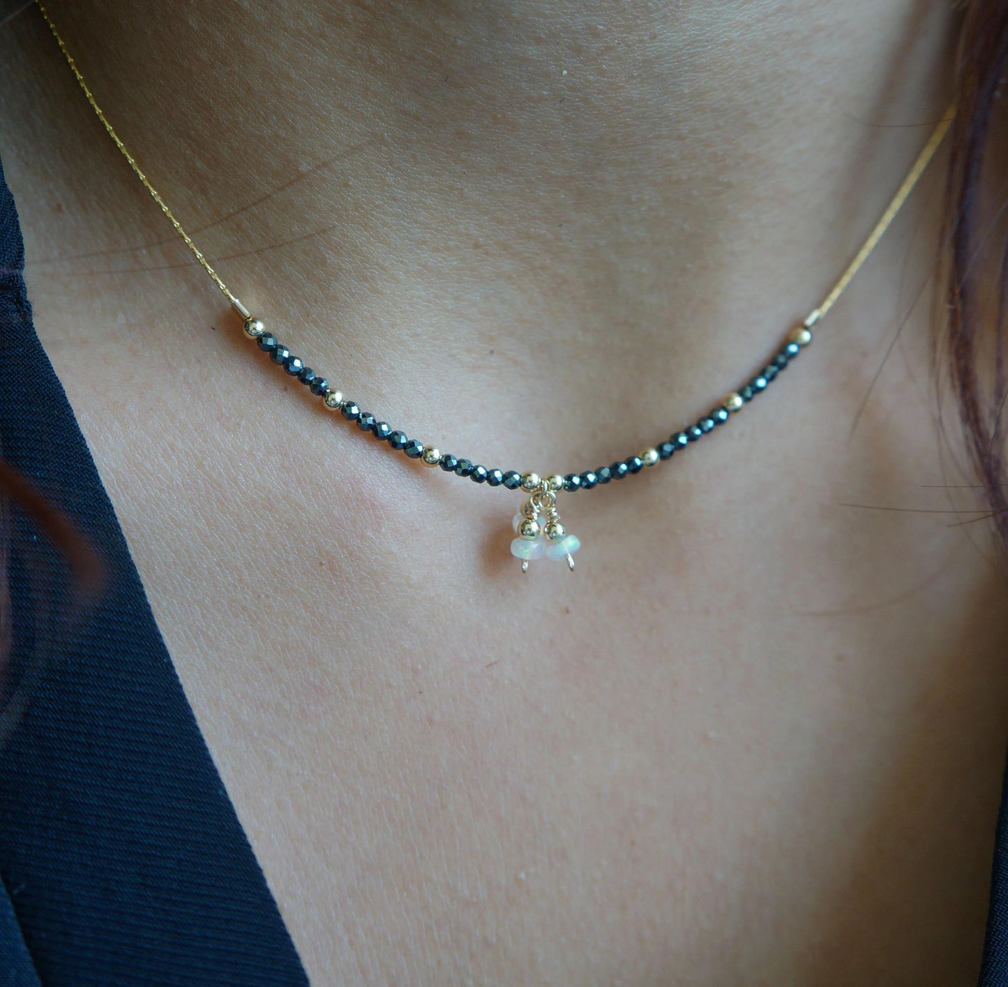 Natural Tiny Black Spinel Necklace with Natural Opals Protection Necklace Mini Gemstones Beaded Necklace Gold Snake Chain