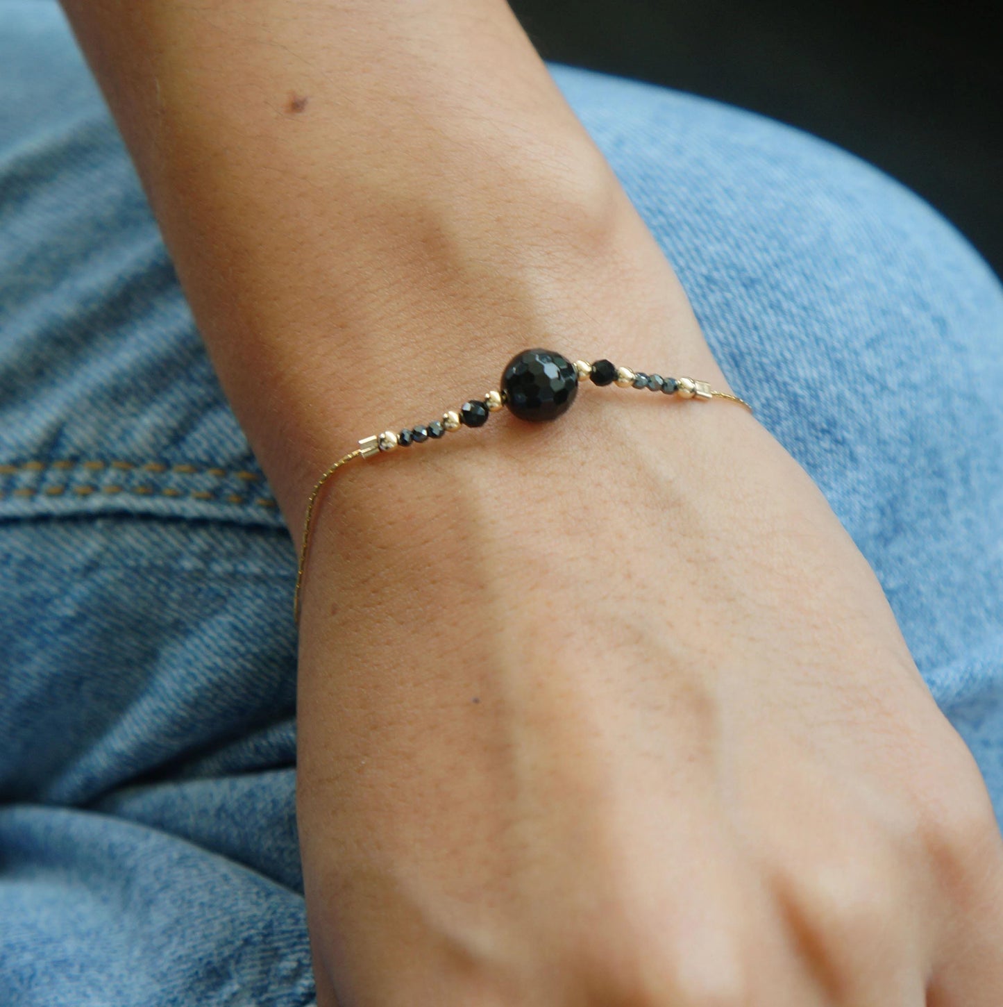 Dainty Black Tourmaline Bracelet Delicate Minimal Faceted Black Bead Protection Stone Bracelet for Woman Gift for Friends Sister Bracelet