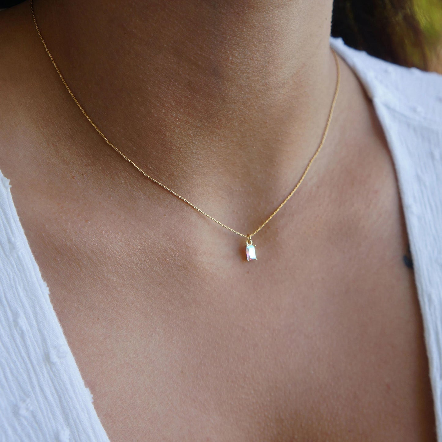 Tiny Crystal Necklace Minimalist Necklace Ultra Dainty Baguette Necklace Snake Thread Chain Layering Necklace for Woman