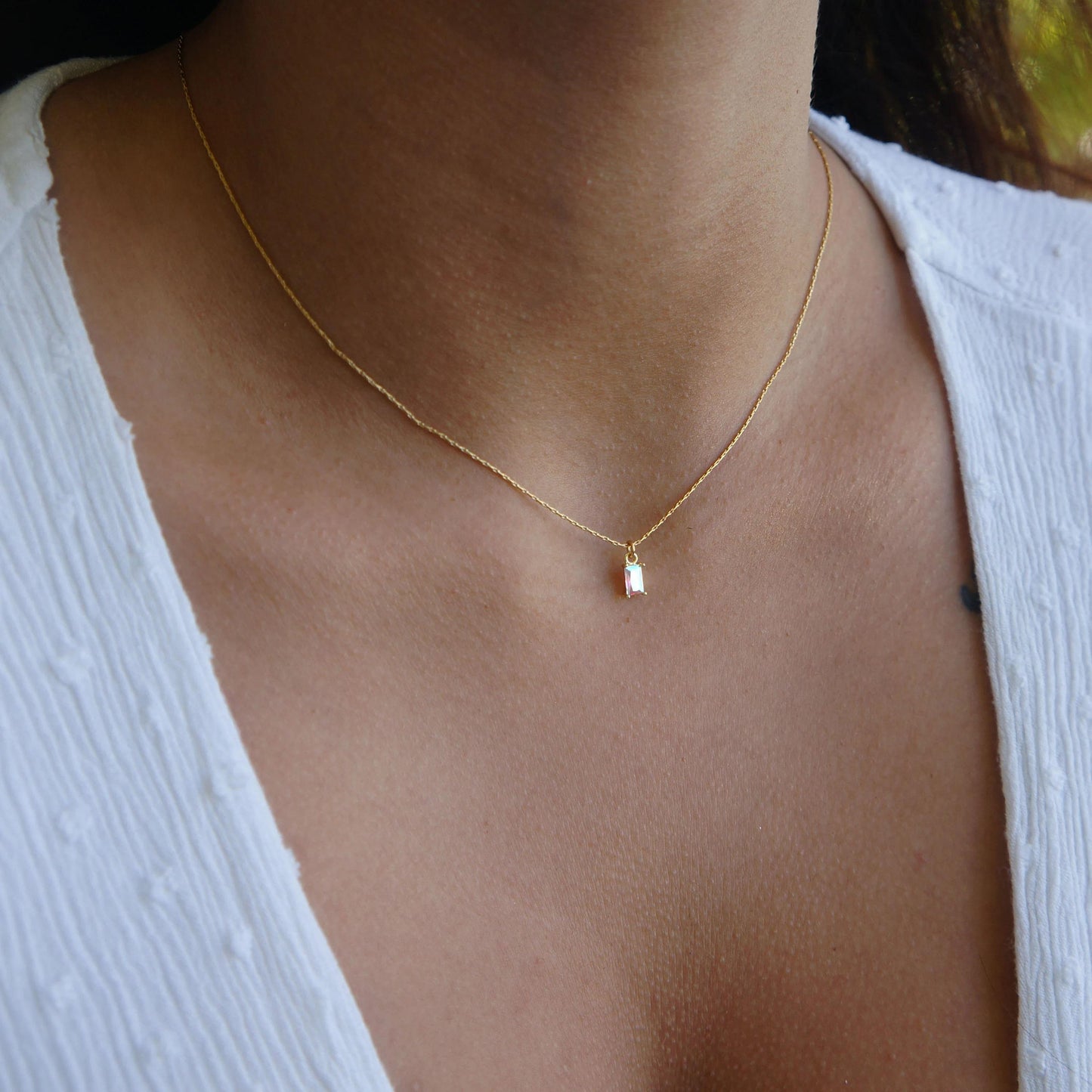 Tiny Crystal Necklace Minimalist Necklace Ultra Dainty Baguette Necklace Snake Thread Chain Layering Necklace for Woman