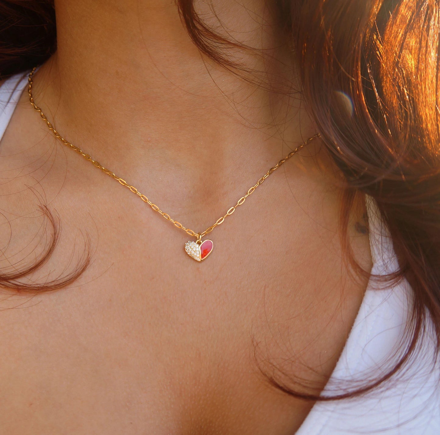 Red Crystal Heart Charm Necklace, Paper Clip Chain, Minimalist Style, Trendy Jewelry, Gift For Her