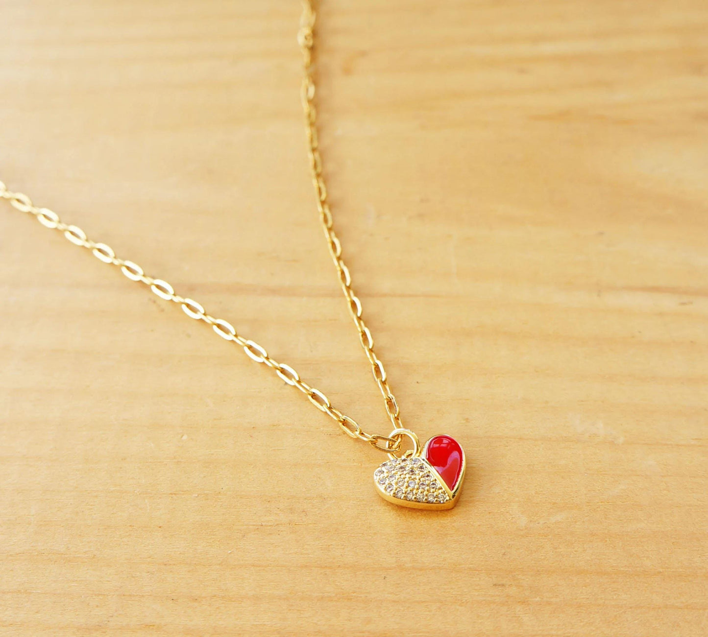 Red Crystal Heart Charm Necklace, Paper Clip Chain, Minimalist Style, Trendy Jewelry, Gift For Her