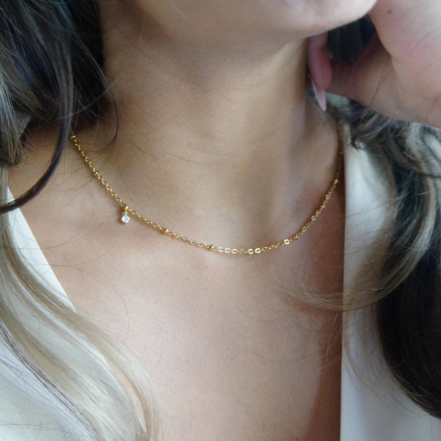 Gold Dainty Satellite Sparkle Chain Delicate Layered Chain Minimalist Necklace Crystal Charm Choker Chain Necklace Jewelry Gift for Women