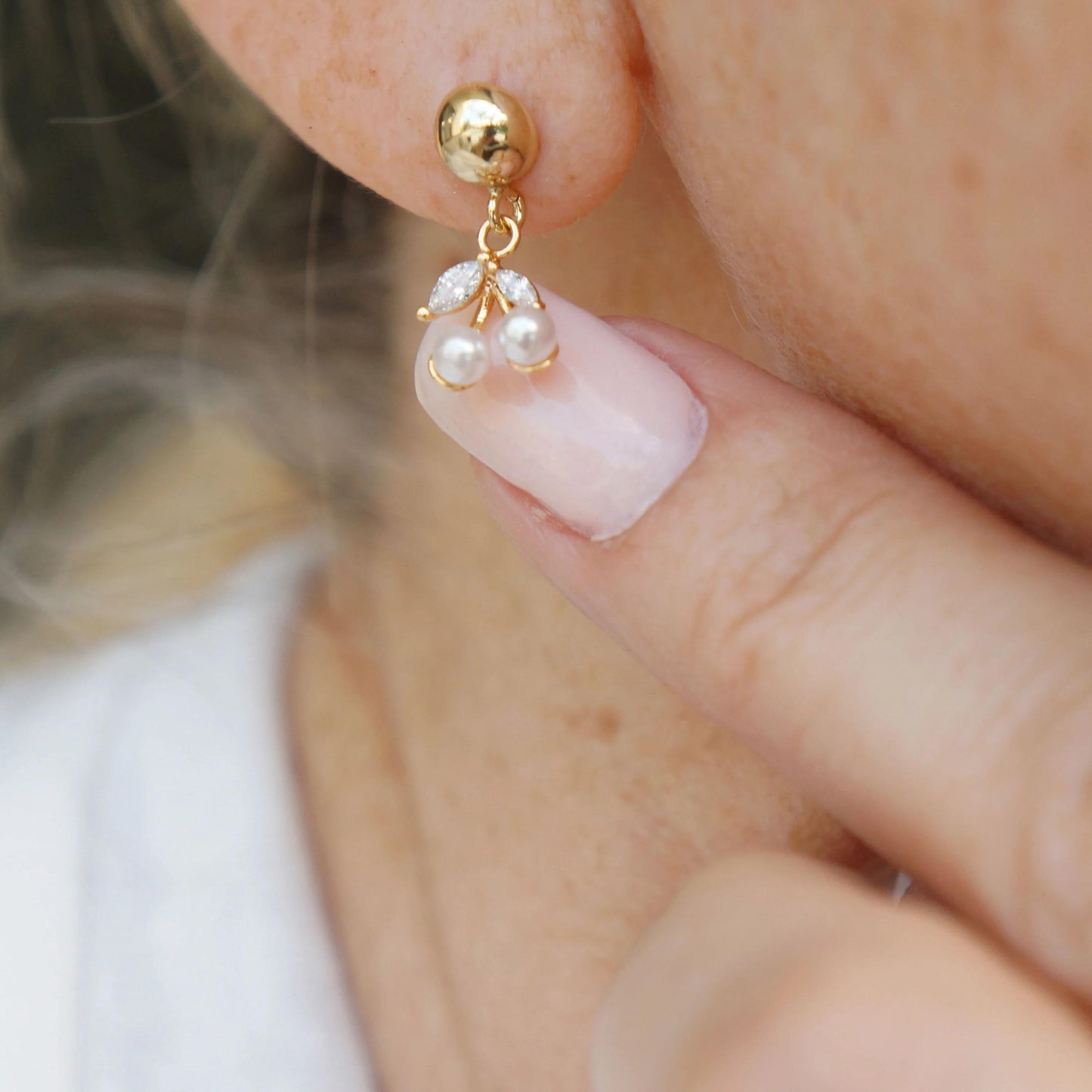 Gold Dangling Pearl Cherries Studs