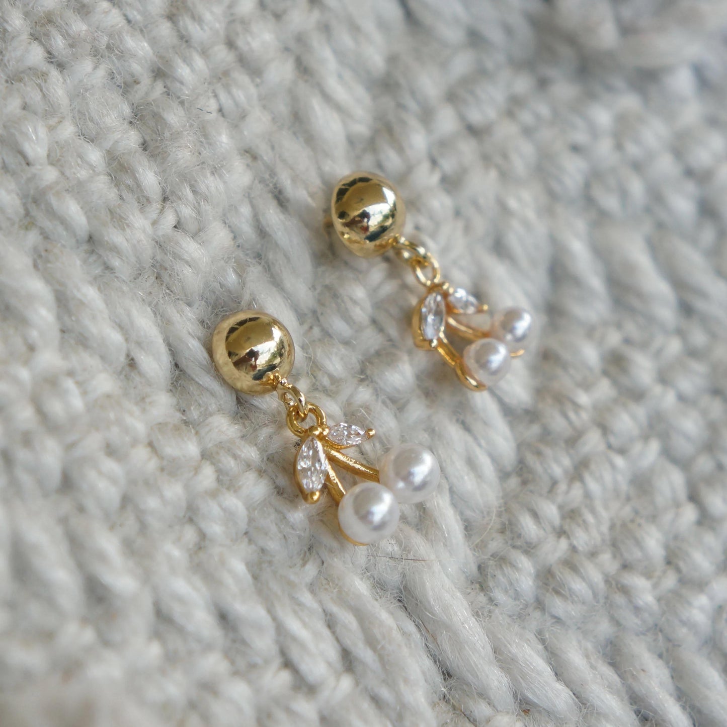 Gold Dangling Pearl Cherries Studs