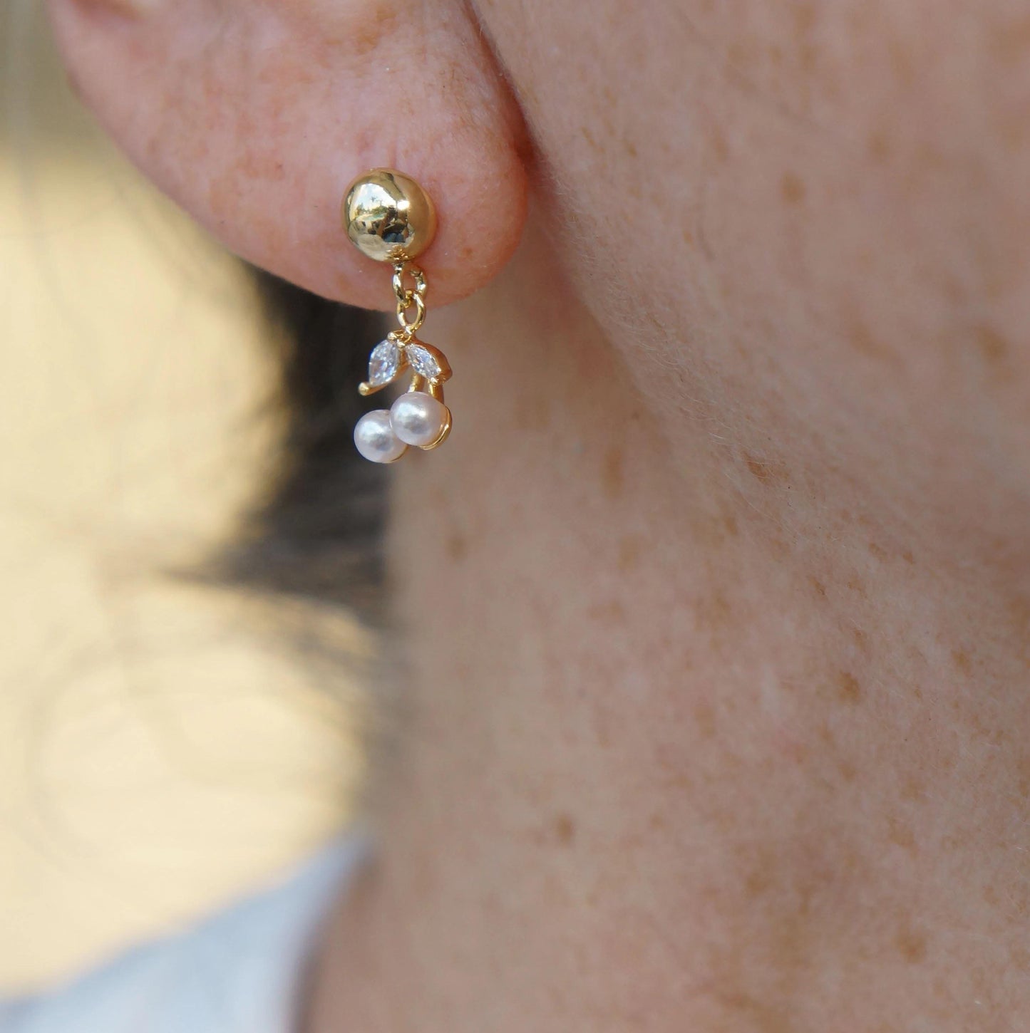 Gold Dangling Pearl Cherries Studs