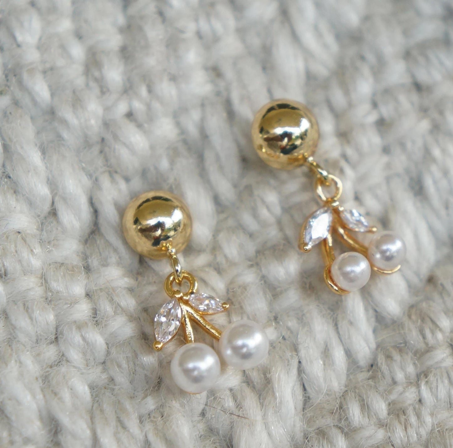 Gold Dangling Pearl Cherries Studs