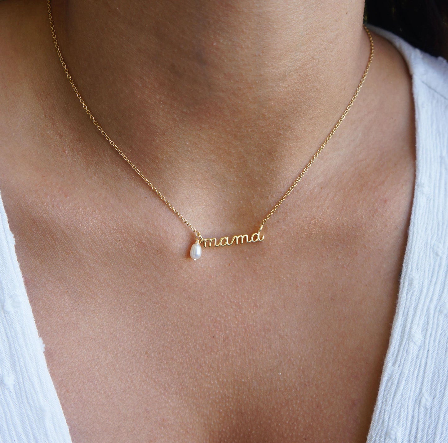 Gold Mama Necklace with Tiny Pearl