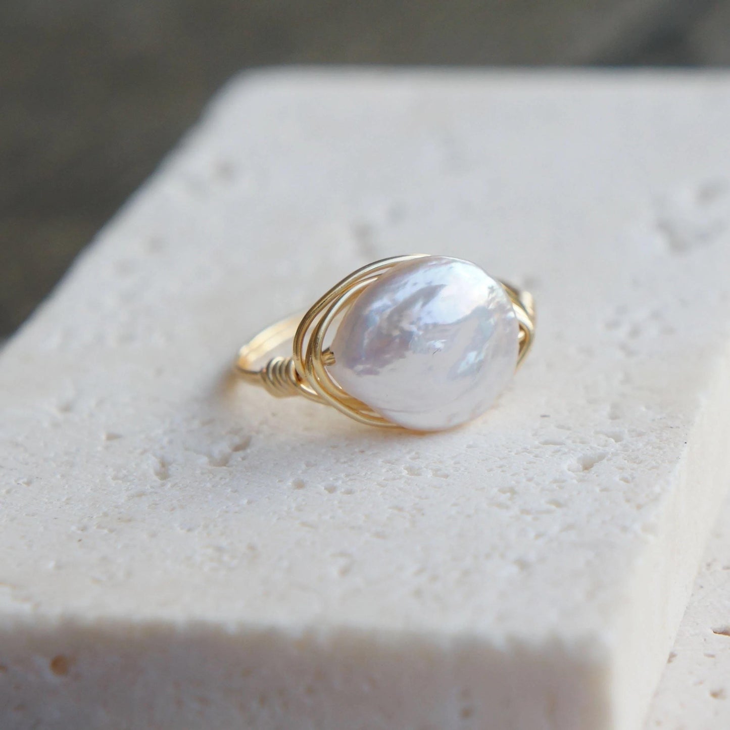 Wire Wrapped Coin Pearl Ring 14kt GF Wire, Dainty Freshwater Pearl Ring, Handmade Jewelry, Handcrafted Jewelry, Minimalist Ring