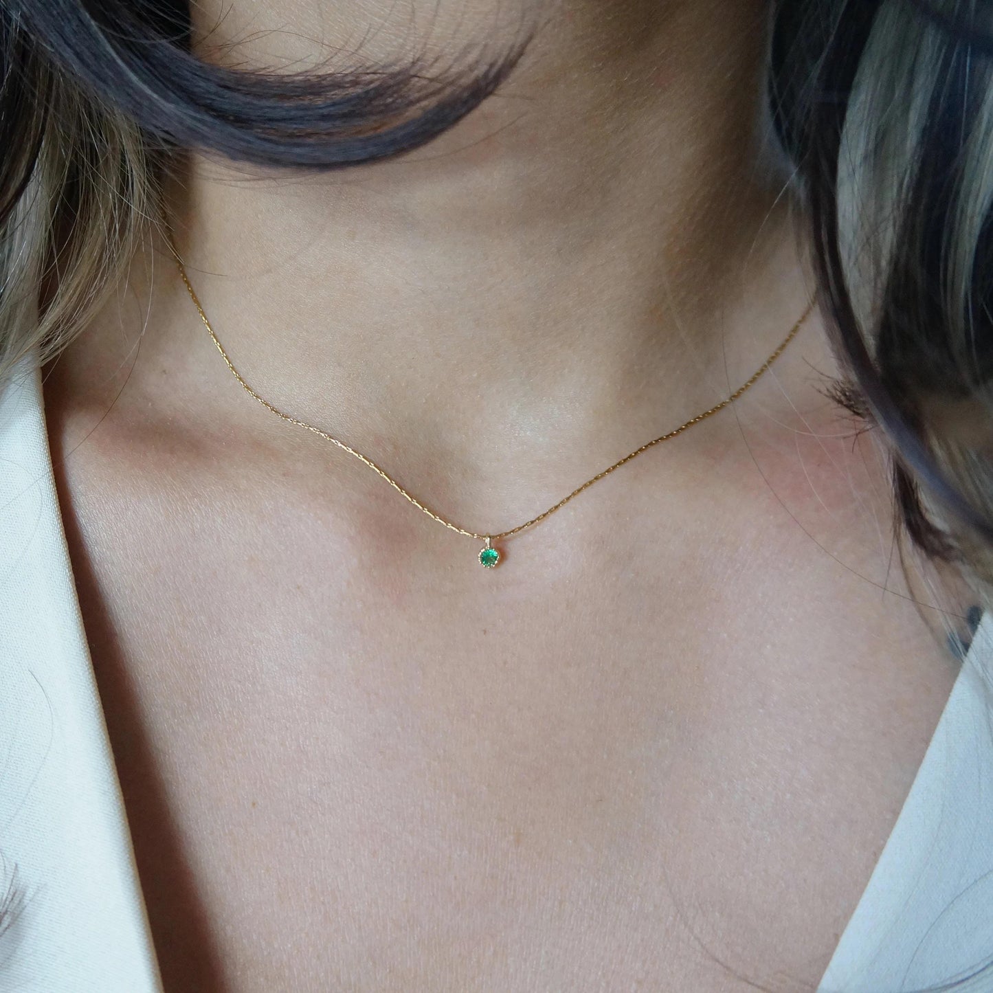 Dainty Minimalist Tiny Emerald Gold Necklace