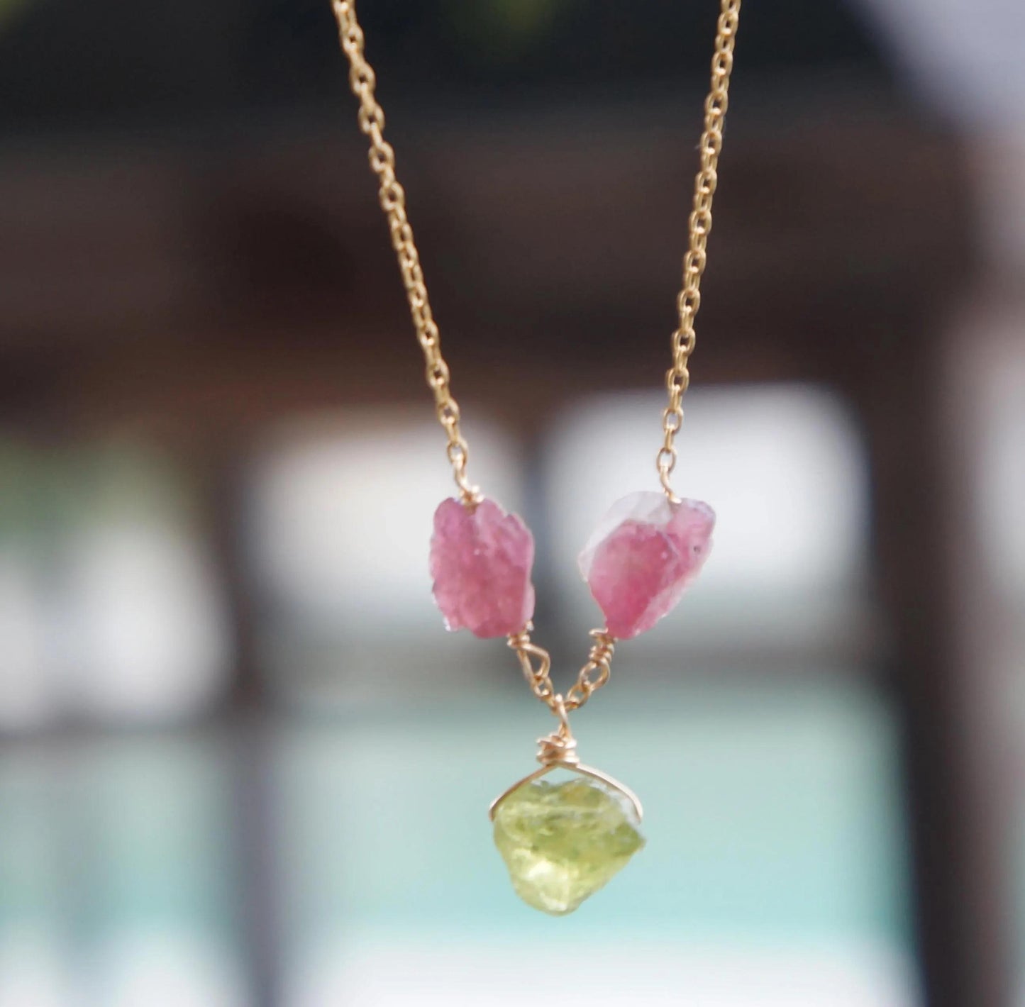 Peridot Tourmaline Necklace, Wire Wrapped Gold Chain, Natural Stones Jewelry, Spiritual Healing Gift, Raw Crystals Necklace, Anniversary