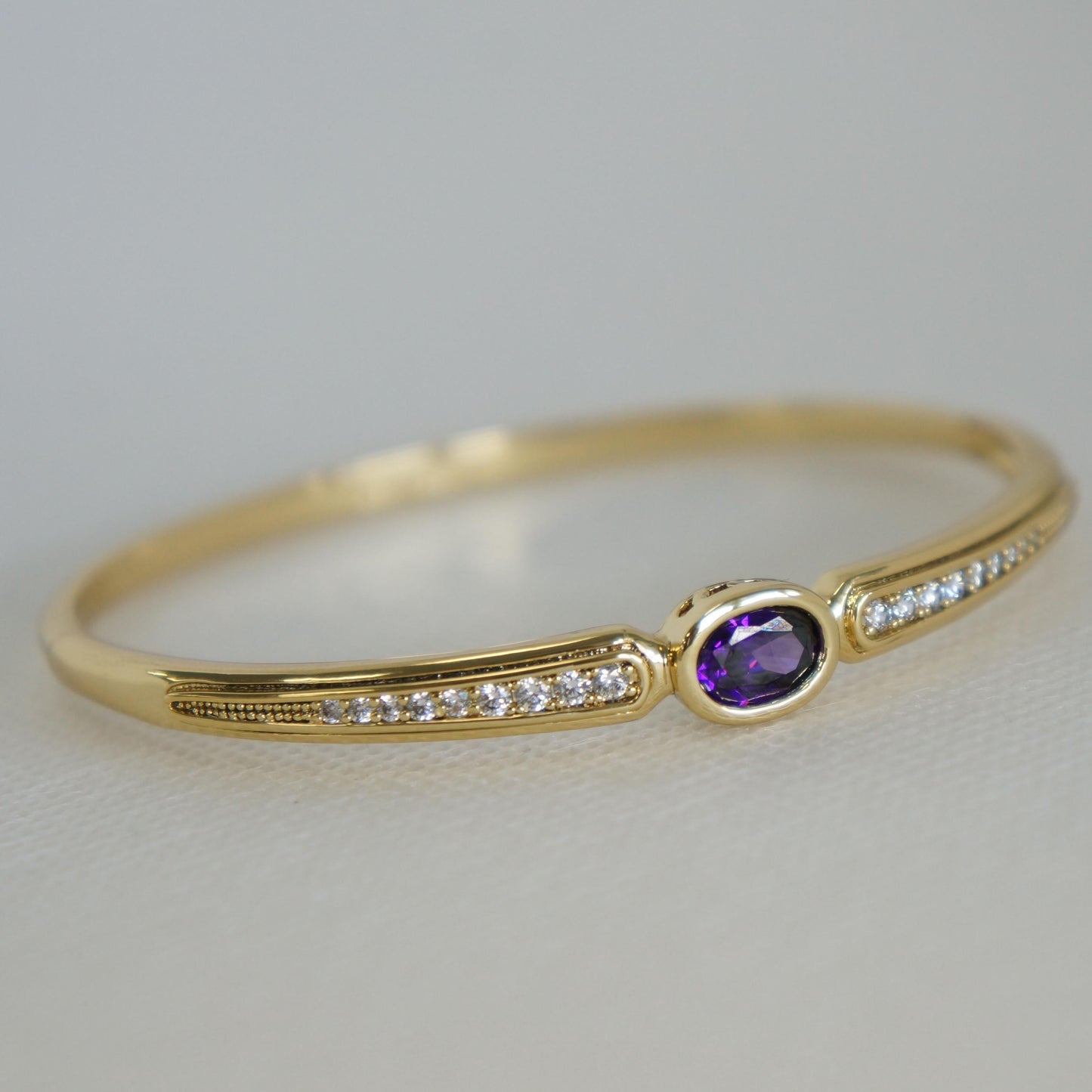 Gold Bangle Bracelet with Purple CZ Crystal, Dainty Elegant Design, Delicate Jewelry, Women's Gift, Bangle, Layering Bracelet, Gold Jewelry