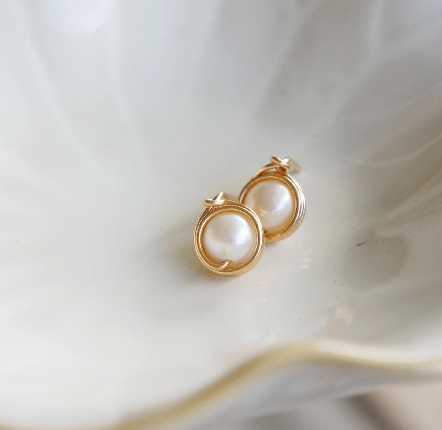 Gold Wire Wrapped Pearl Stud Earrings