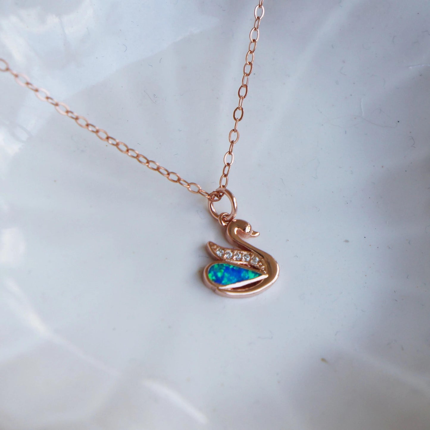 Rose Gold Swan Necklace, Opal Swan Jewelry, Elegant Gift for Her, Elegant 14kt Rose Gold Necklace, Anniversary Necklace, Layering Necklace