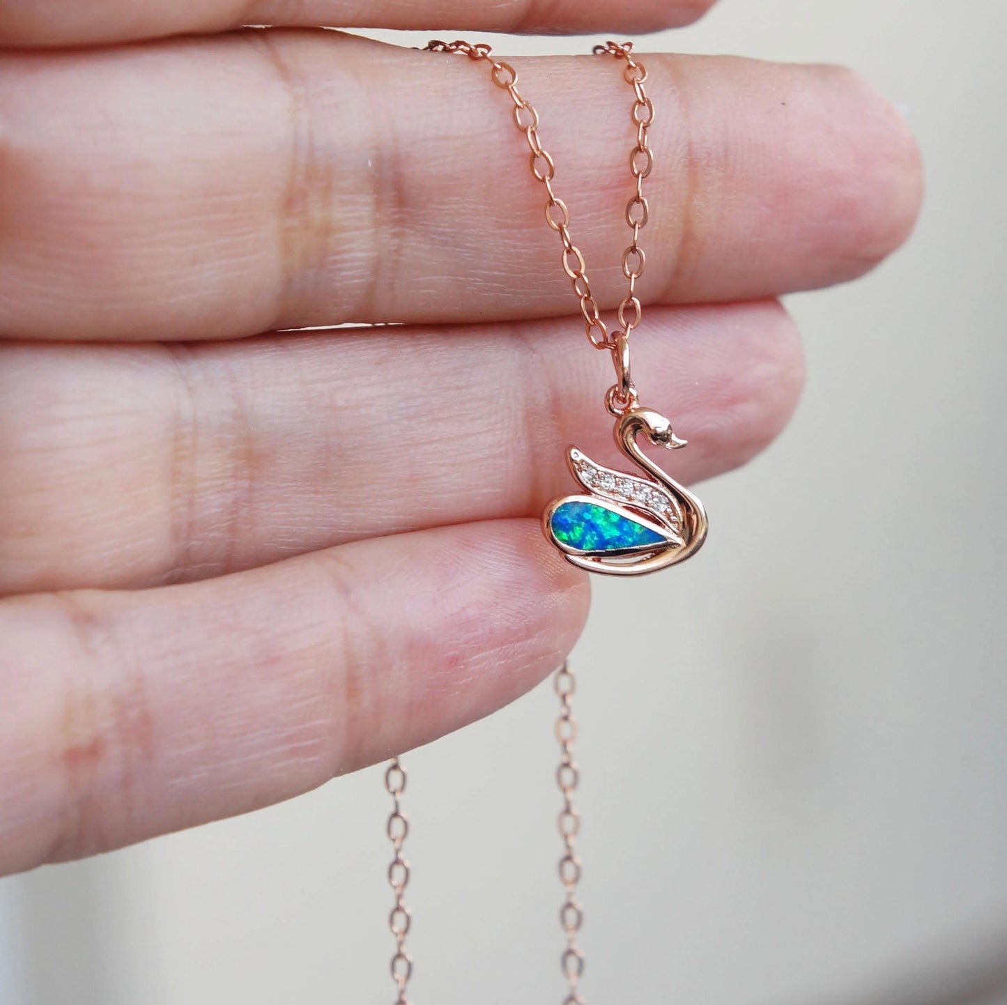 Rose Gold Swan Necklace, Opal Swan Jewelry, Elegant Gift for Her, Elegant 14kt Rose Gold Necklace, Anniversary Necklace, Layering Necklace