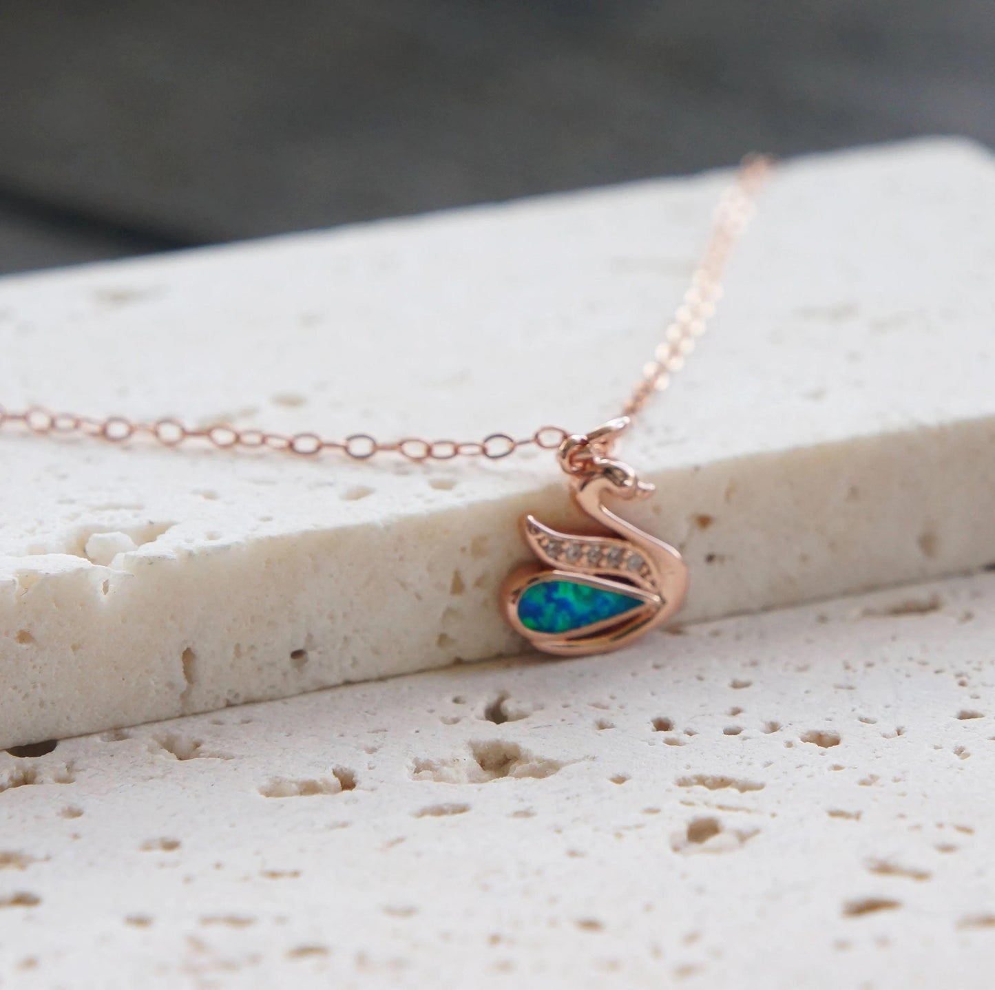 Rose Gold Swan Necklace, Opal Swan Jewelry, Elegant Gift for Her, Elegant 14kt Rose Gold Necklace, Anniversary Necklace, Layering Necklace