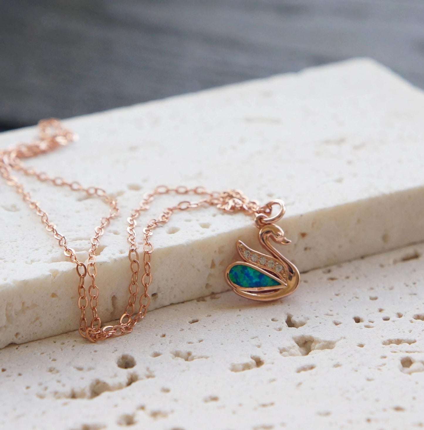 Rose Gold Swan Necklace, Opal Swan Jewelry, Elegant Gift for Her, Elegant 14kt Rose Gold Necklace, Anniversary Necklace, Layering Necklace