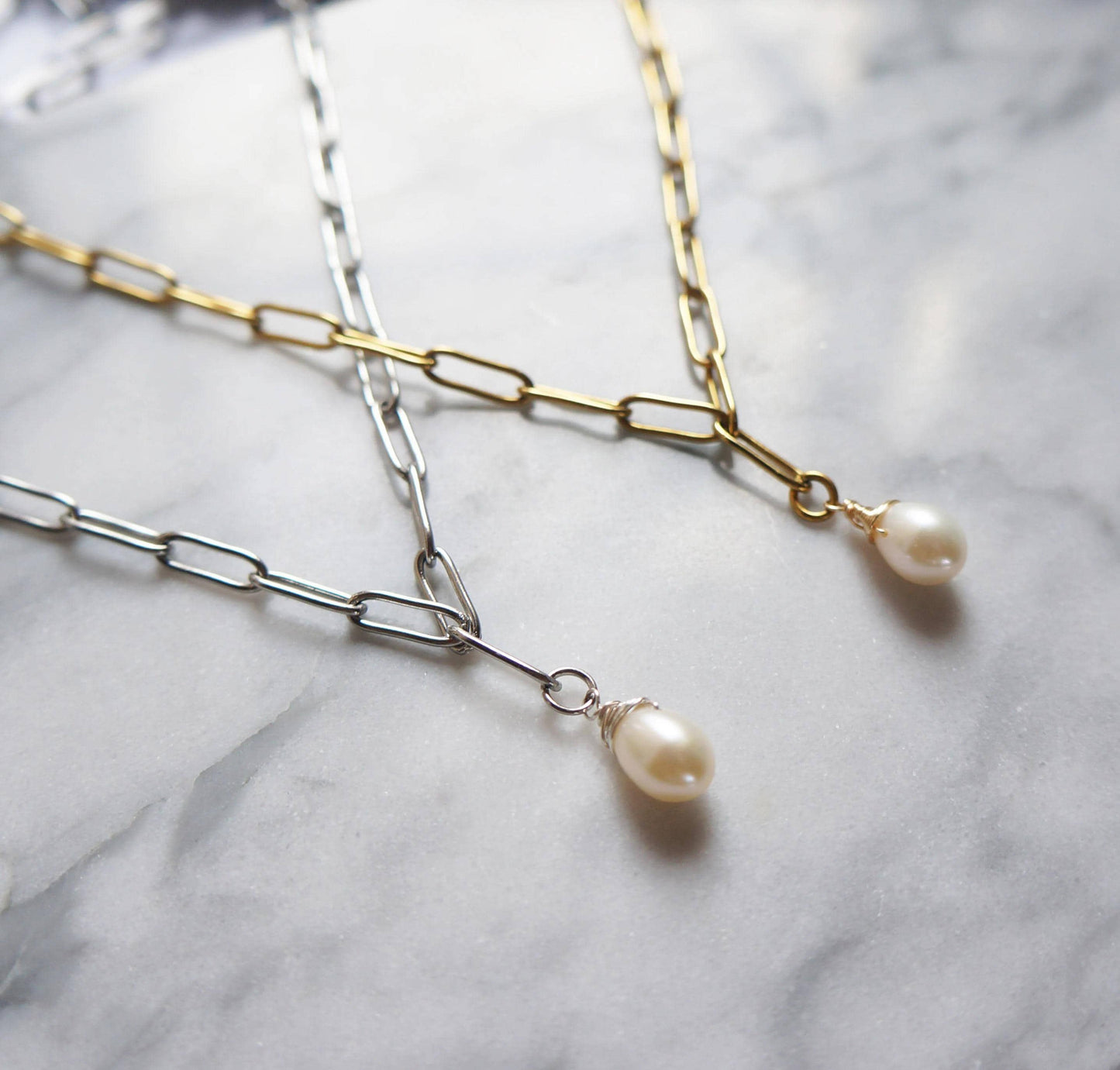 White Pearl Necklace Paper Clip Chain Pearl Necklace Modern Bridesmaid Gift Mother's Day Necklace June Birthstone Necklace Drop Pearl