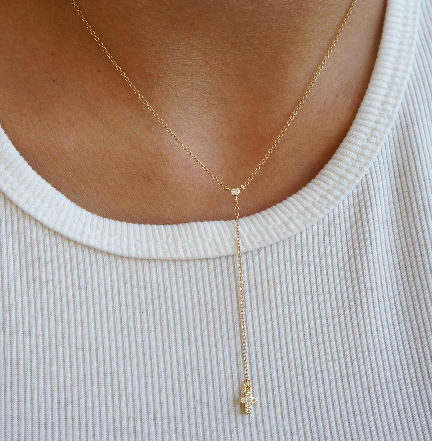 Tiny Rosary Necklace Y Gold Lariat Style Necklace Gold Cross Necklace Delicate CZ Necklace for Her Gift for Mom Her Religious Necklace