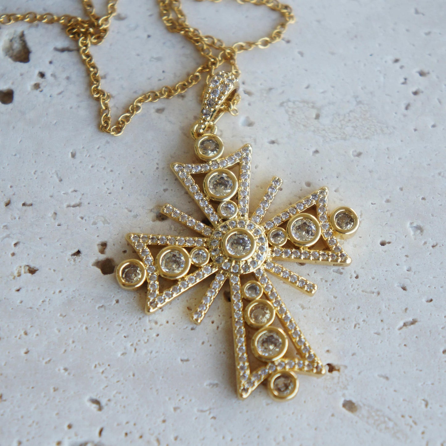 Gold Victorian Style Crystal Cross Necklace