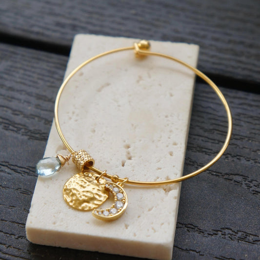 Gold Bangle Bracelet with Sun Moon Quartz Charms