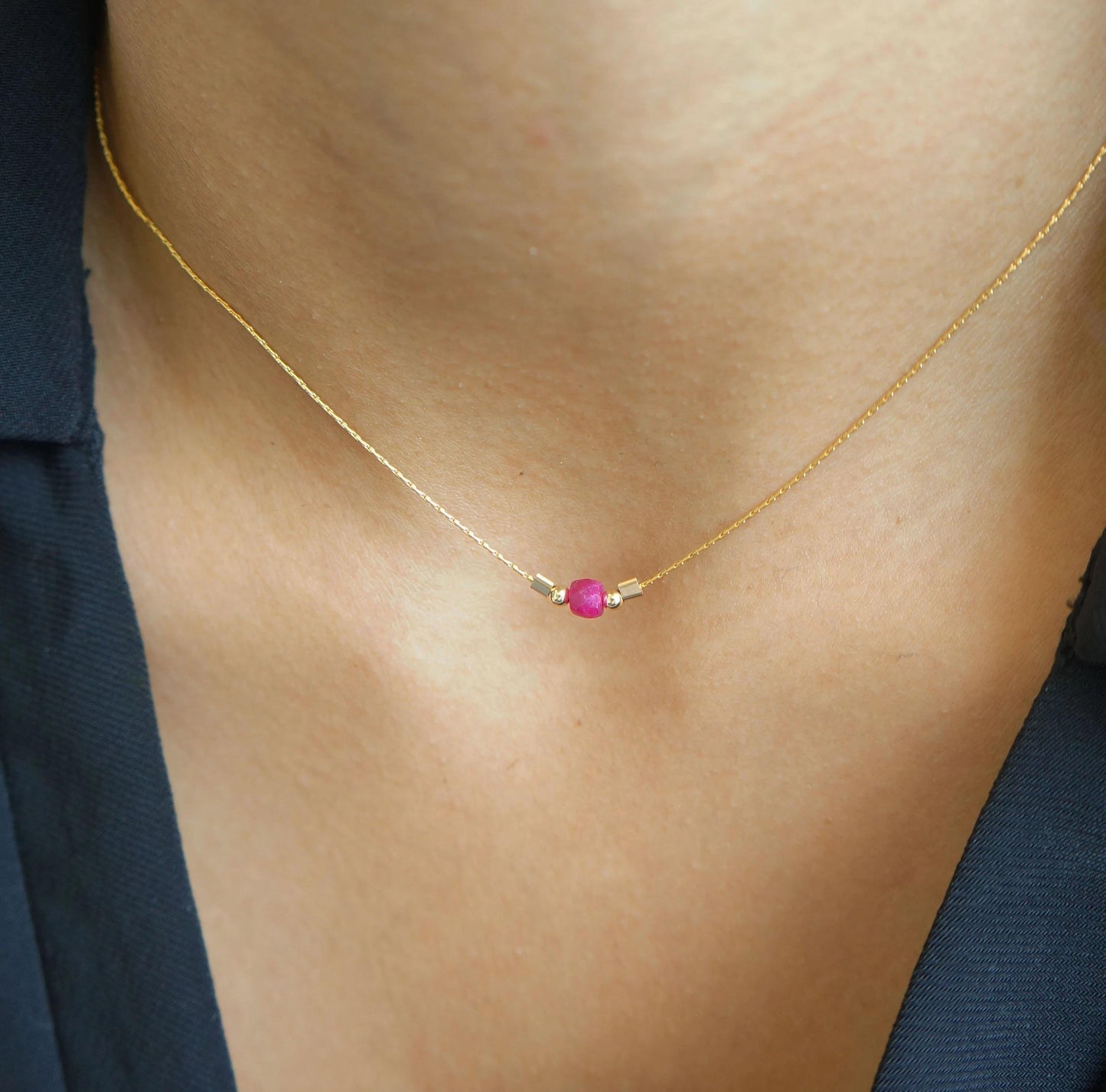 Tiny Ruby Necklace Genuine Pink Ruby Gem Necklace Tiny Gemstone Gold Necklace July Birthstone Gift for Woman Dainty Gold Necklace