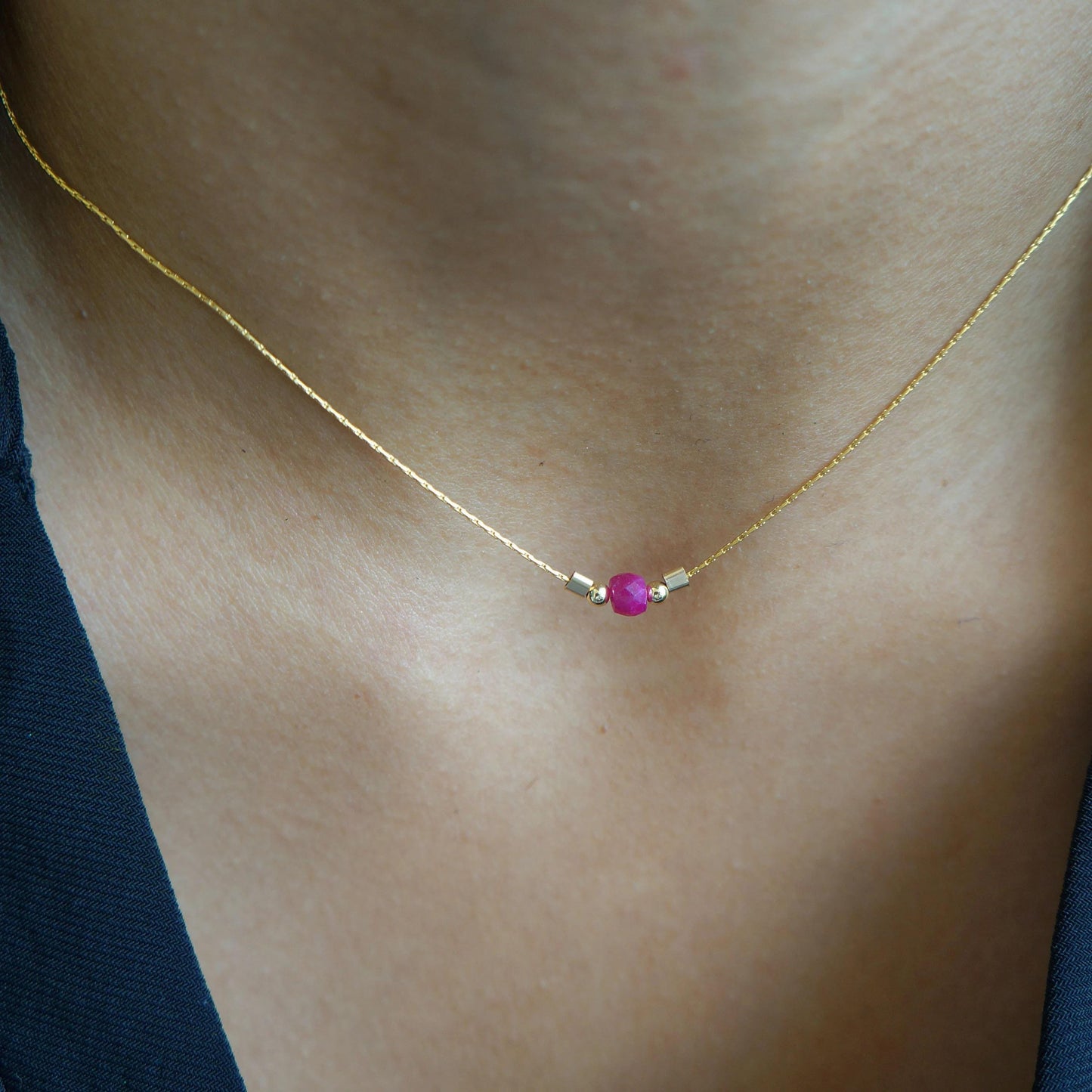 Tiny Ruby Necklace Genuine Pink Ruby Gem Necklace Tiny Gemstone Gold Necklace July Birthstone Gift for Woman Dainty Gold Necklace