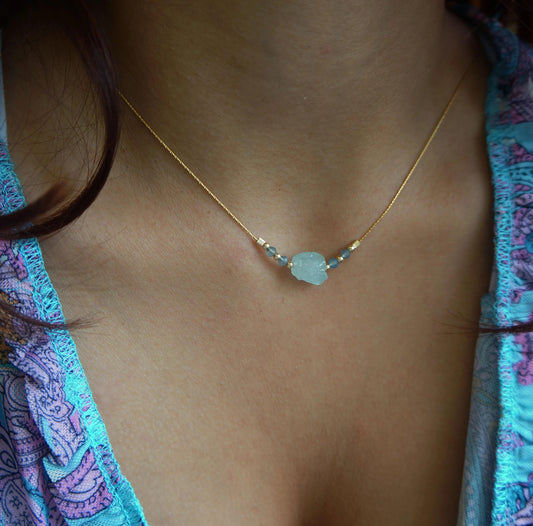 Raw Aquamarine Necklace Natural Aquamarine Stone Gold Necklace March Birthstone Snake Chain