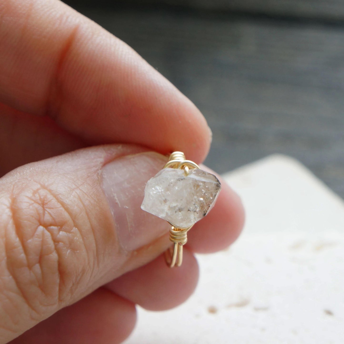 Raw Herkimer Diamond Ring, Gold Fill Wire Jewelry, Healing Crystal Gemstone, Unique Gift, Stacking Ring, Raw Crystal Ring, Handmade