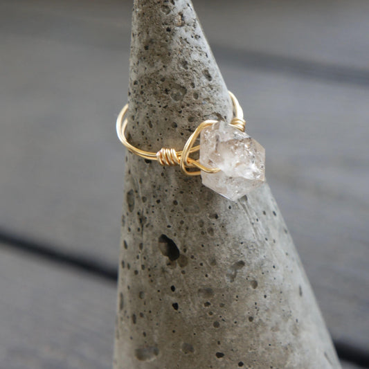 Raw Herkimer Diamond Ring, Gold Fill Wire Jewelry, Healing Crystal Gemstone, Unique Gift, Stacking Ring, Raw Crystal Ring, Handmade