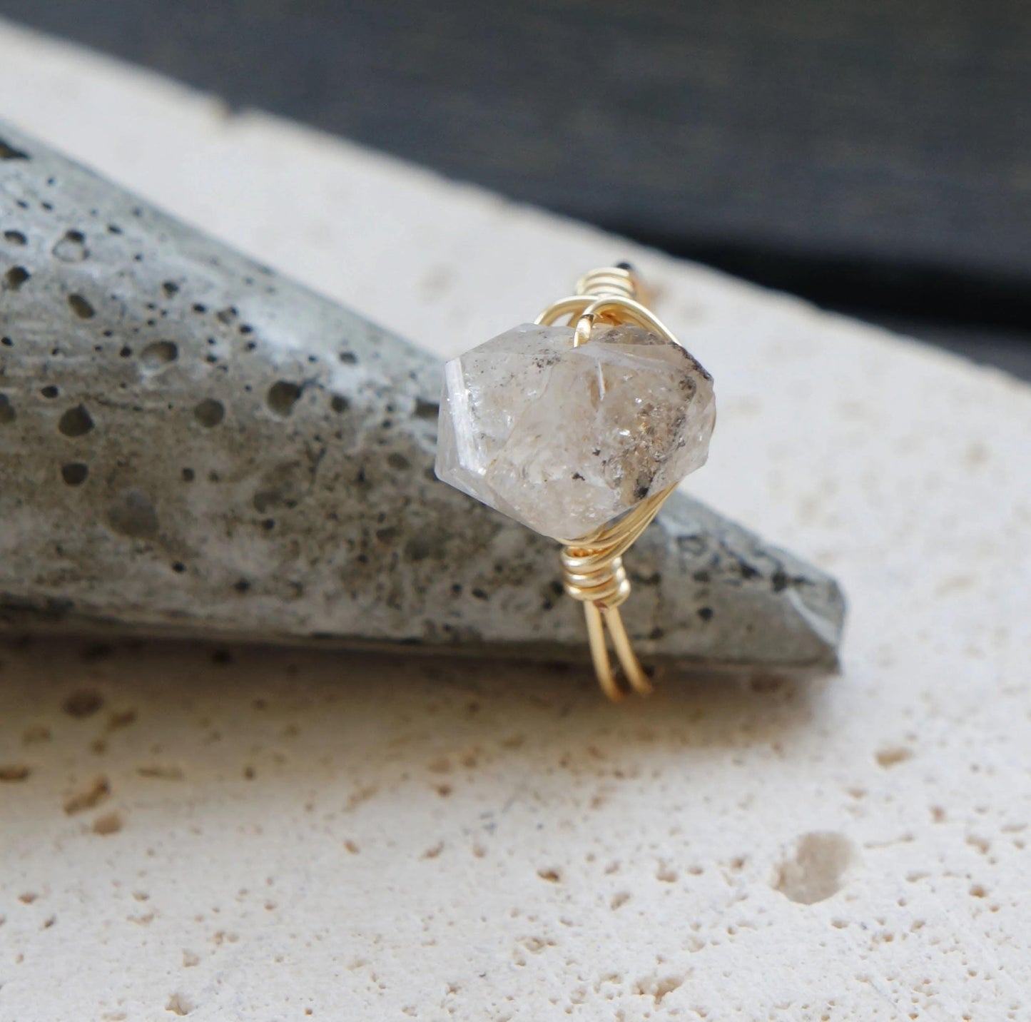 Raw Herkimer Diamond Ring, Gold Fill Wire Jewelry, Healing Crystal Gemstone, Unique Gift, Stacking Ring, Raw Crystal Ring, Handmade