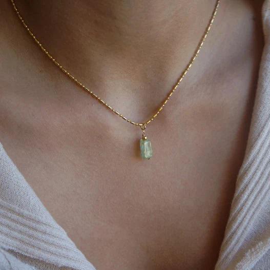 Dainty Personalized Gold Natural Raw Gemstone Green Prehnite Aquamarine Gemstone Necklace Crystal Stone Necklace Powerful Necklace Gift