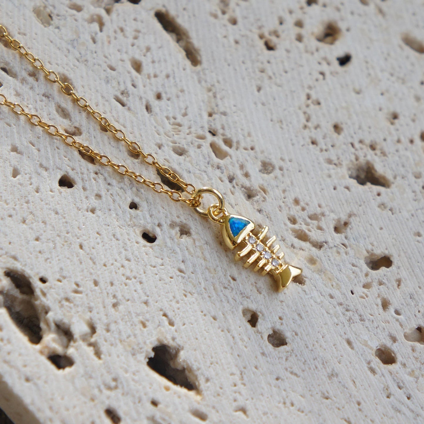 Minimalist Opal Charm Necklace, Gold Tiny Charm Pendant, Marine Jewelry, Dainty Gift for Her, Tiny Opal Fish Bone Necklace, Gold Pendant