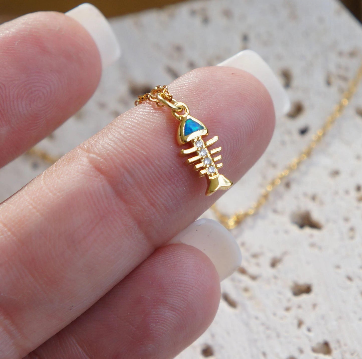 Minimalist Opal Charm Necklace, Gold Tiny Charm Pendant, Marine Jewelry, Dainty Gift for Her, Tiny Opal Fish Bone Necklace, Gold Pendant