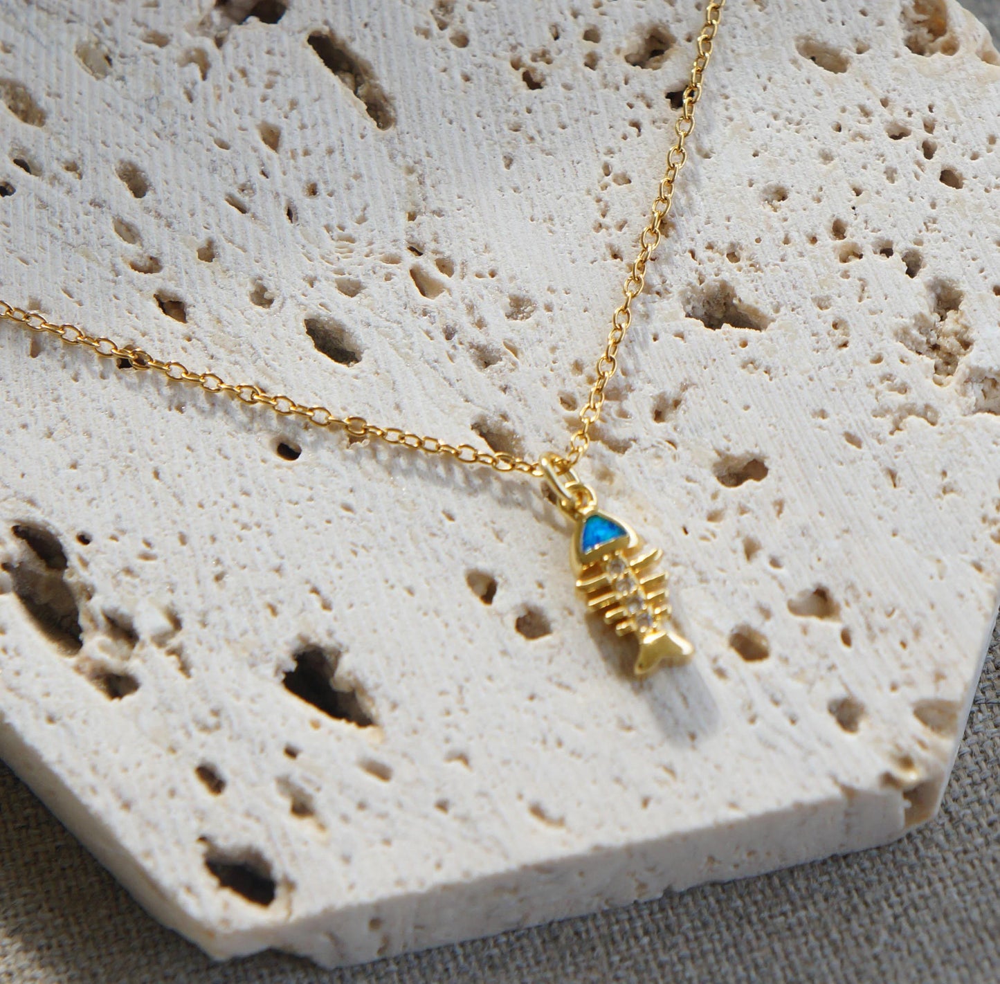 Minimalist Opal Charm Necklace, Gold Tiny Charm Pendant, Marine Jewelry, Dainty Gift for Her, Tiny Opal Fish Bone Necklace, Gold Pendant