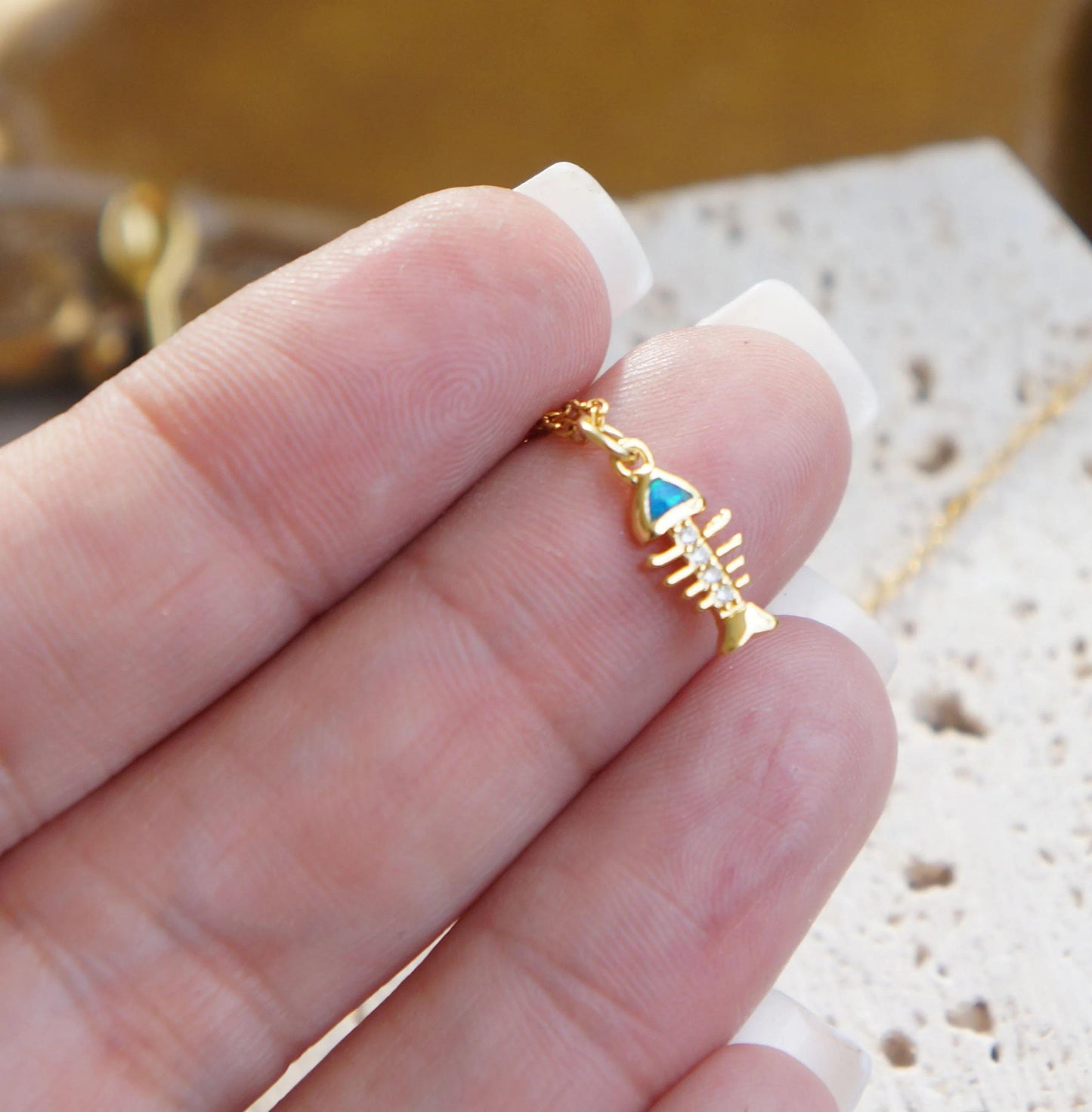 Minimalist Opal Charm Necklace, Gold Tiny Charm Pendant, Marine Jewelry, Dainty Gift for Her, Tiny Opal Fish Bone Necklace, Gold Pendant