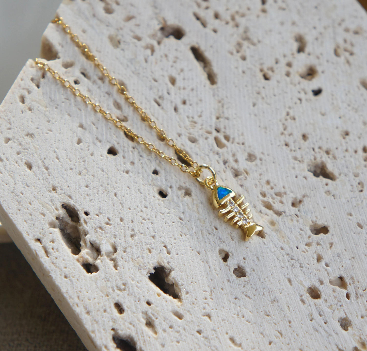 Minimalist Opal Charm Necklace, Gold Tiny Charm Pendant, Marine Jewelry, Dainty Gift for Her, Tiny Opal Fish Bone Necklace, Gold Pendant