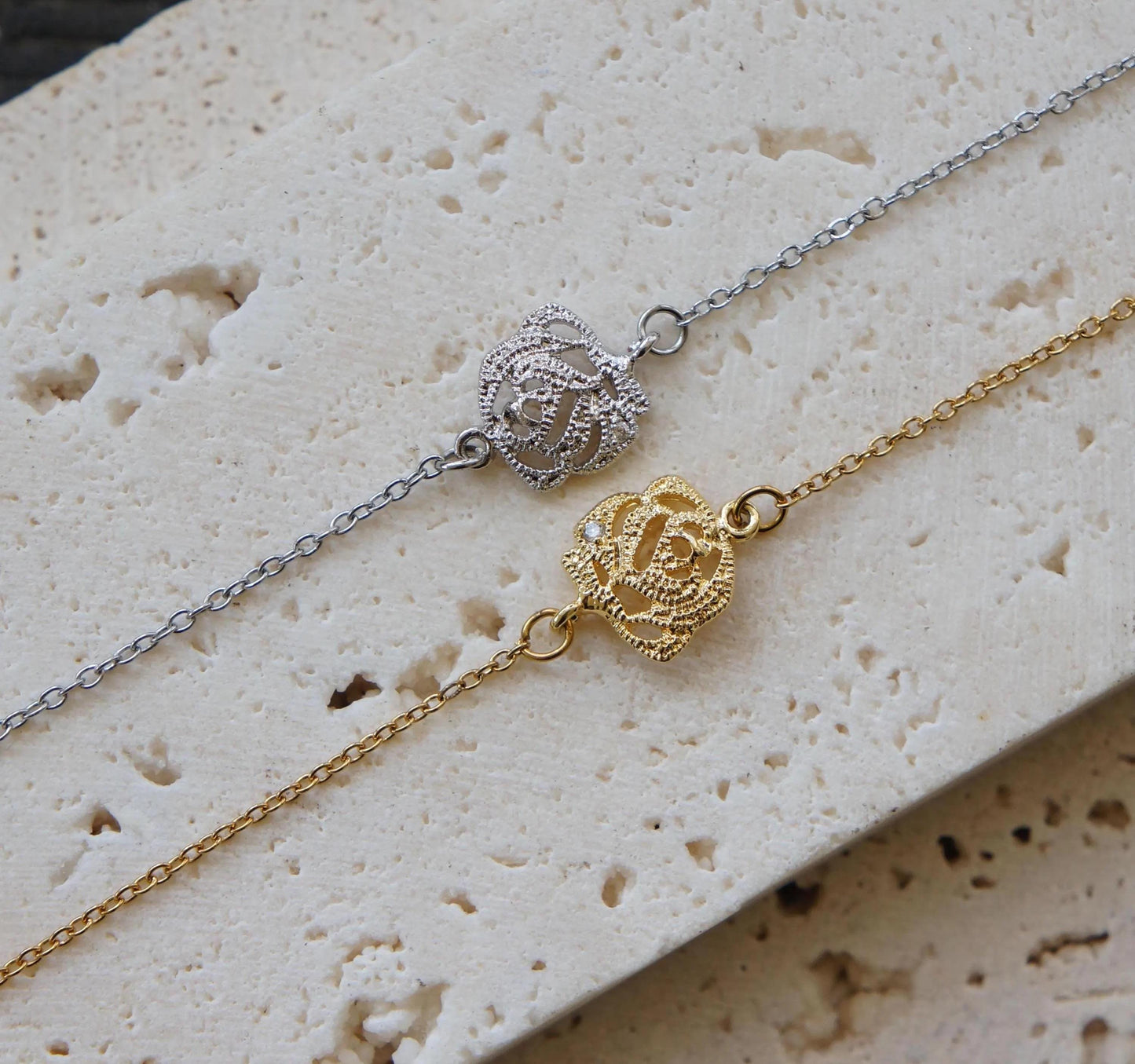 Dainty Rose Flower Bracelet, Silver Chain Bracelet, Delicate Floral Jewelry, Gift For Her, Minimalist Style, Dainty, Birthday Gift for Her