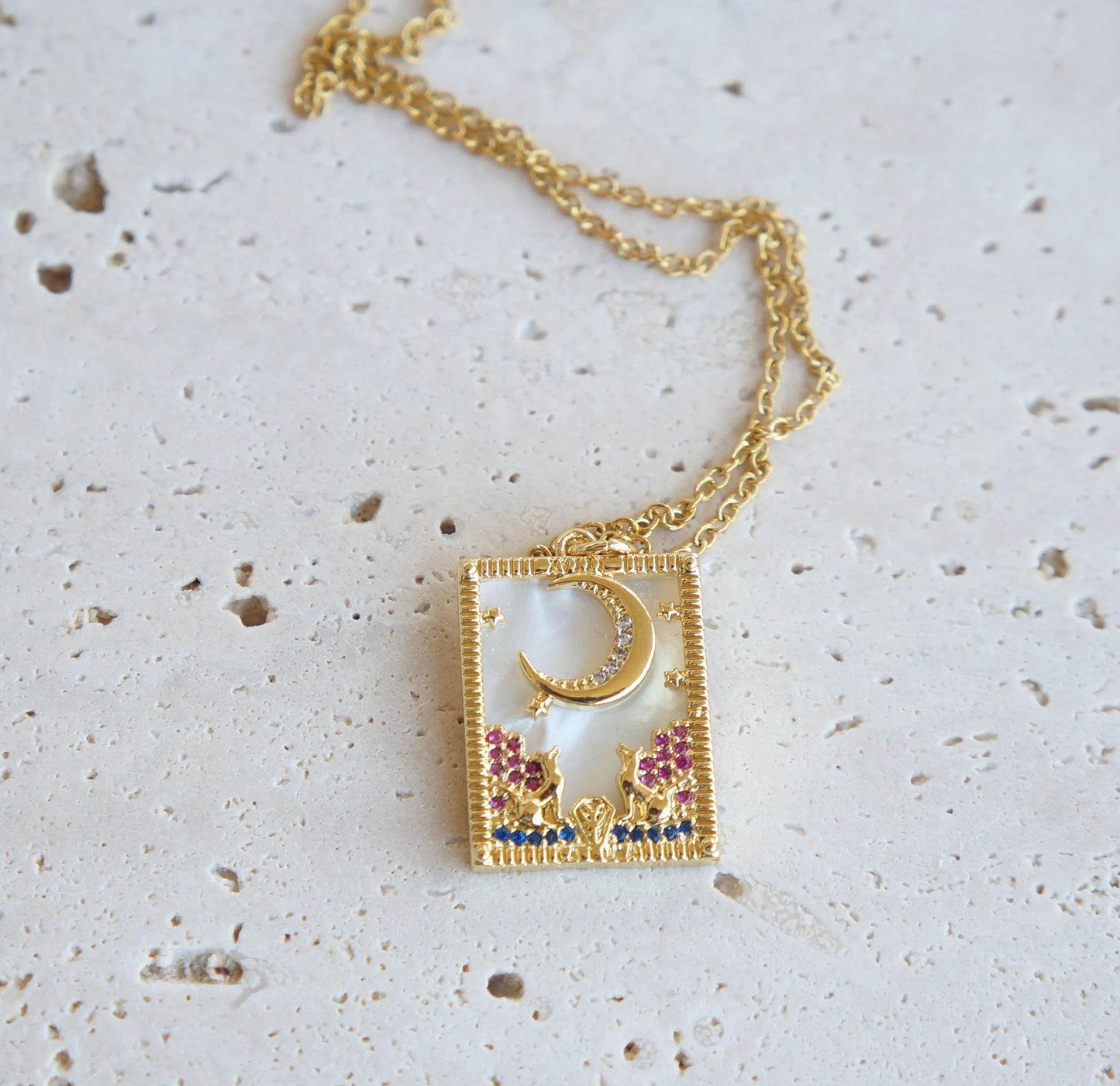 Zodiac Necklace Gift for Her Witchy Jewelry The Moon Tarot Card Gold Necklace MOP Charm Necklace Spiritual Necklace