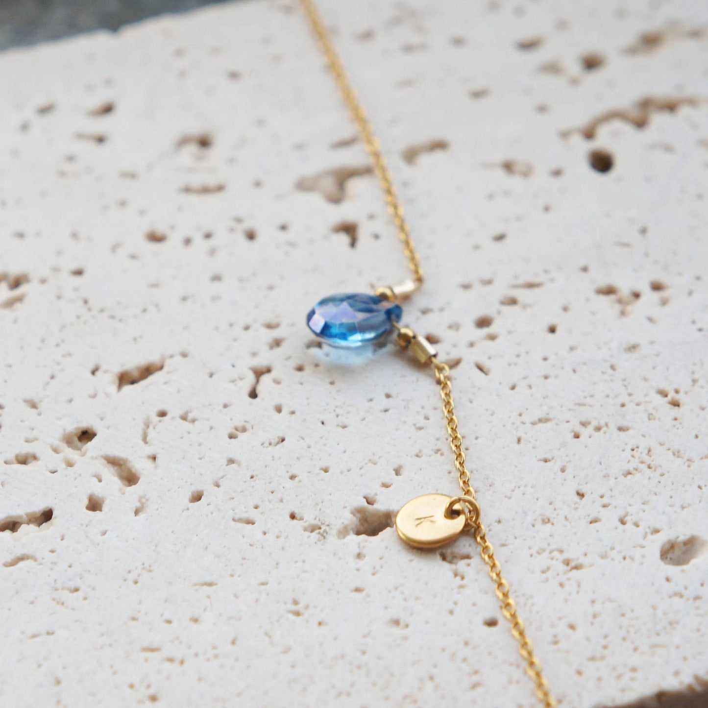Quartz Briolette Bracelet, Gold Chain, Anniversary Gift, Blue Stone Jewelry, Blue Quartz, Handmade Sparkly Stone Briolette