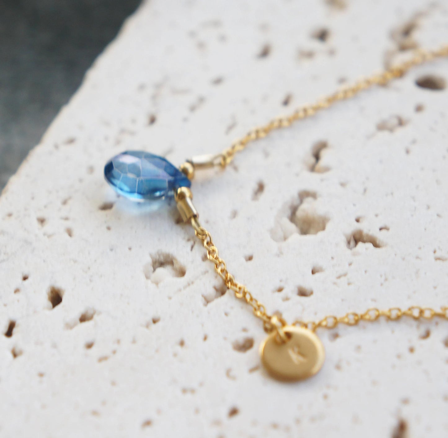 Quartz Briolette Bracelet, Gold Chain, Anniversary Gift, Blue Stone Jewelry, Blue Quartz, Handmade Sparkly Stone Briolette