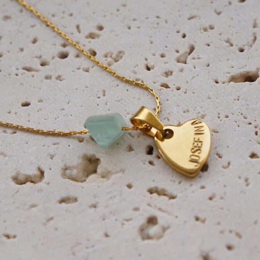 Personalized Heart Pendant Necklace, Fluorite Bead Charm, Gold Stamped Jewelry, Dainty Gift Idea, Name Necklace, Hand Stamped Initial