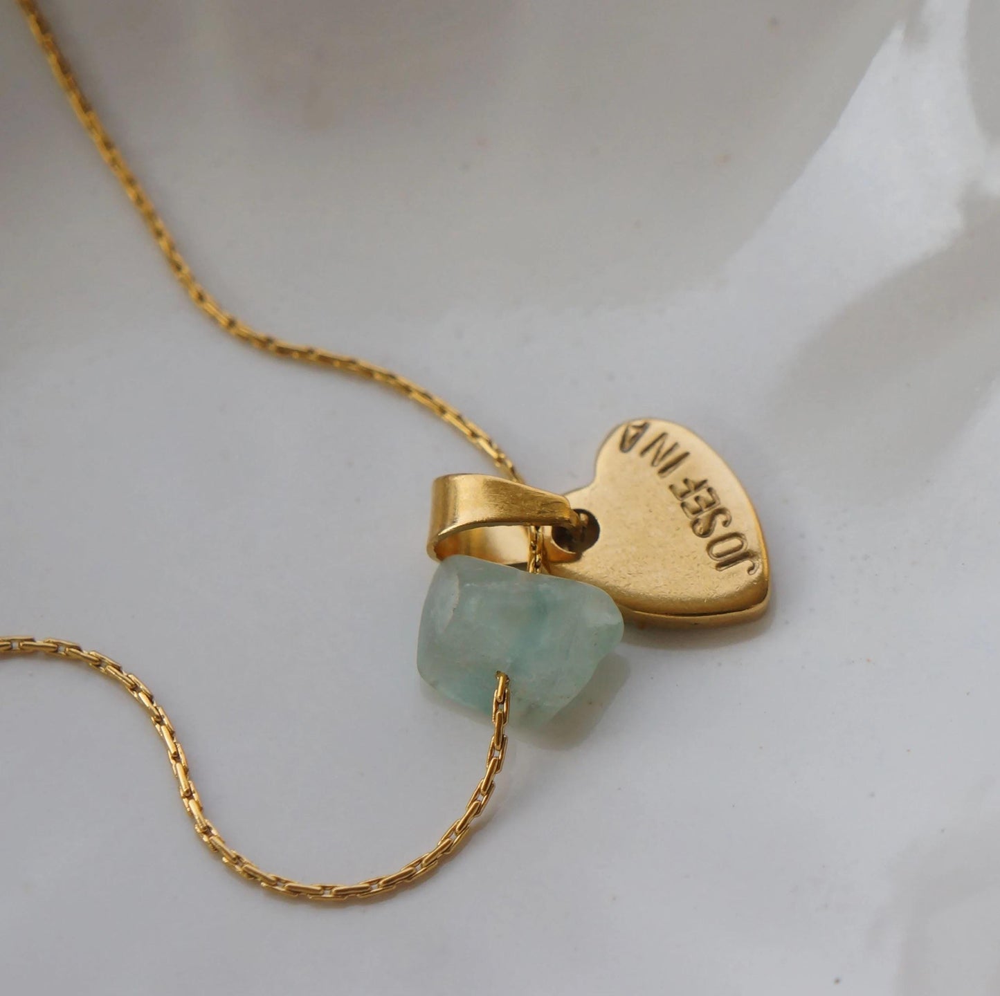 Personalized Heart Pendant Necklace, Fluorite Bead Charm, Gold Stamped Jewelry, Dainty Gift Idea, Name Necklace, Hand Stamped Initial